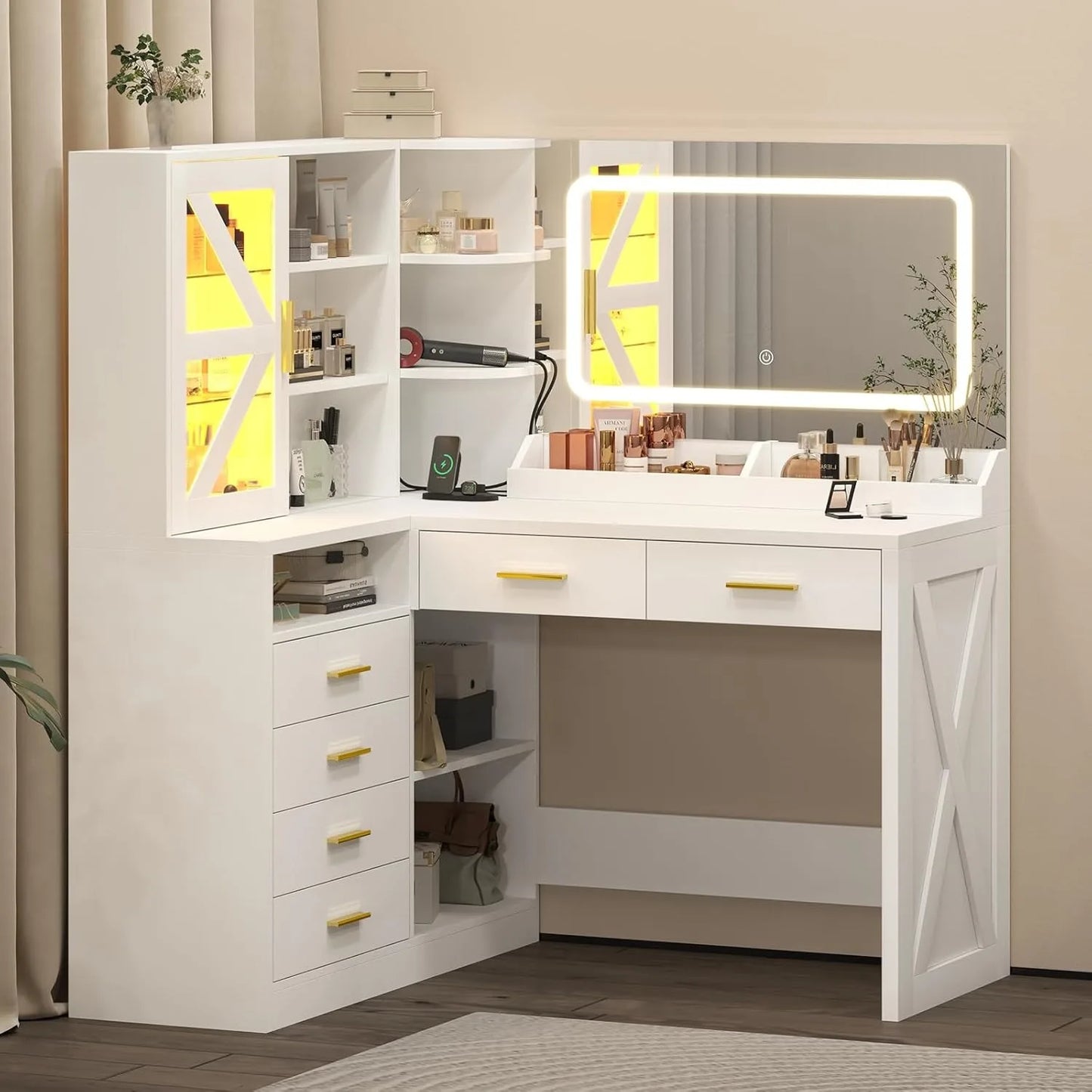 L-Shaped Corner Vanity Desk With LED Mirror And Charging Station