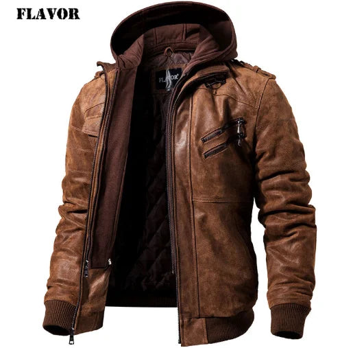Leather Motorcycle Jacket with Removable Hood