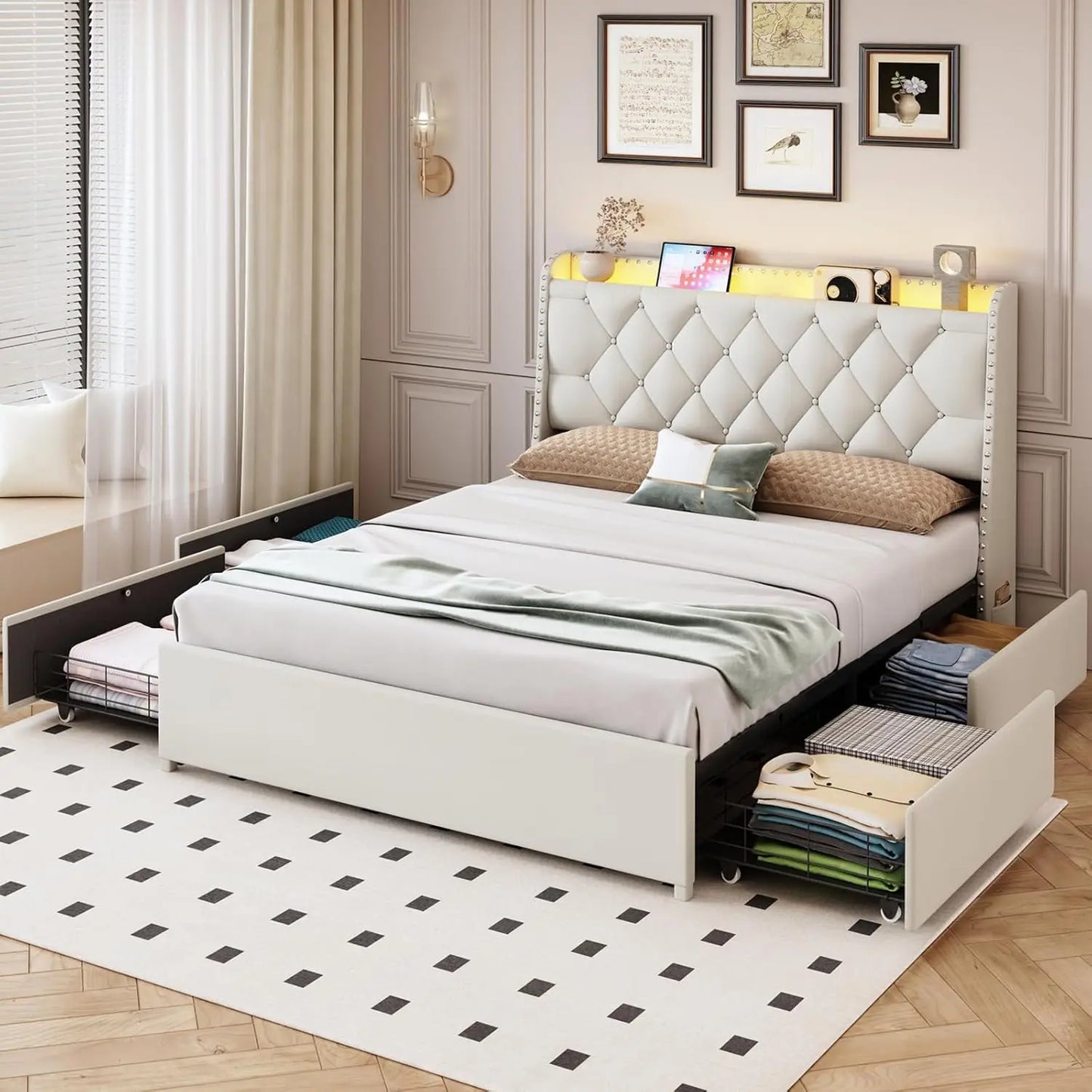 Queen Size Bed with 4 Drawers & Storage Headboard, LED Lights & Charging Station