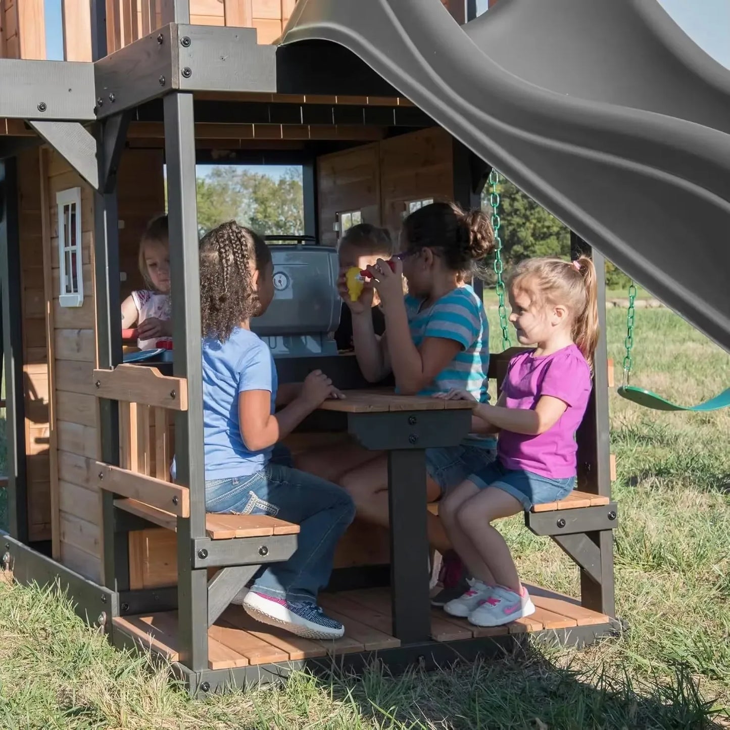 Canyon Creek Cedar Wood Swing Set With Wave Slide Playhouse