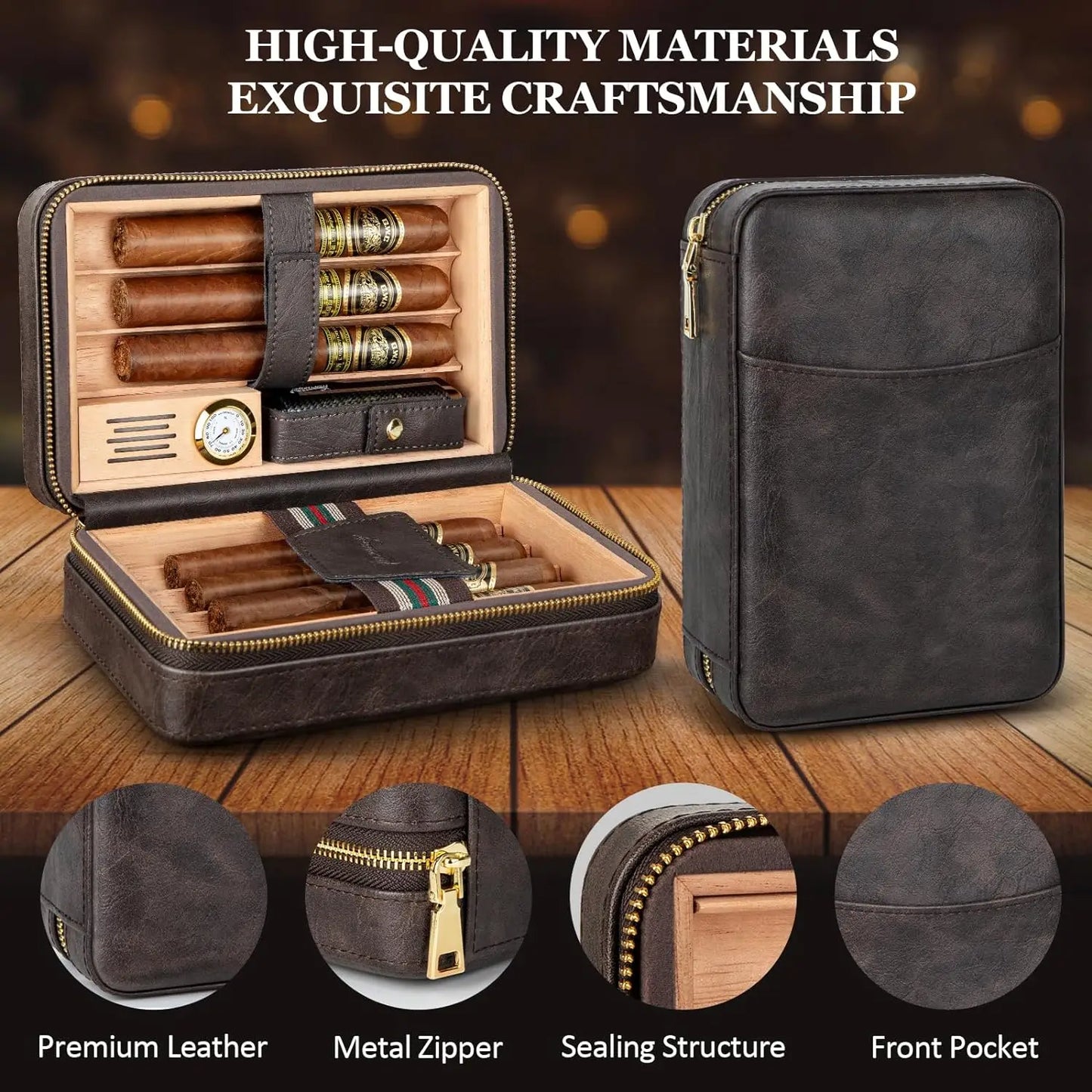 Tesonway Travel Humidor Cigar Case With Leather Cedar Wood Lighter