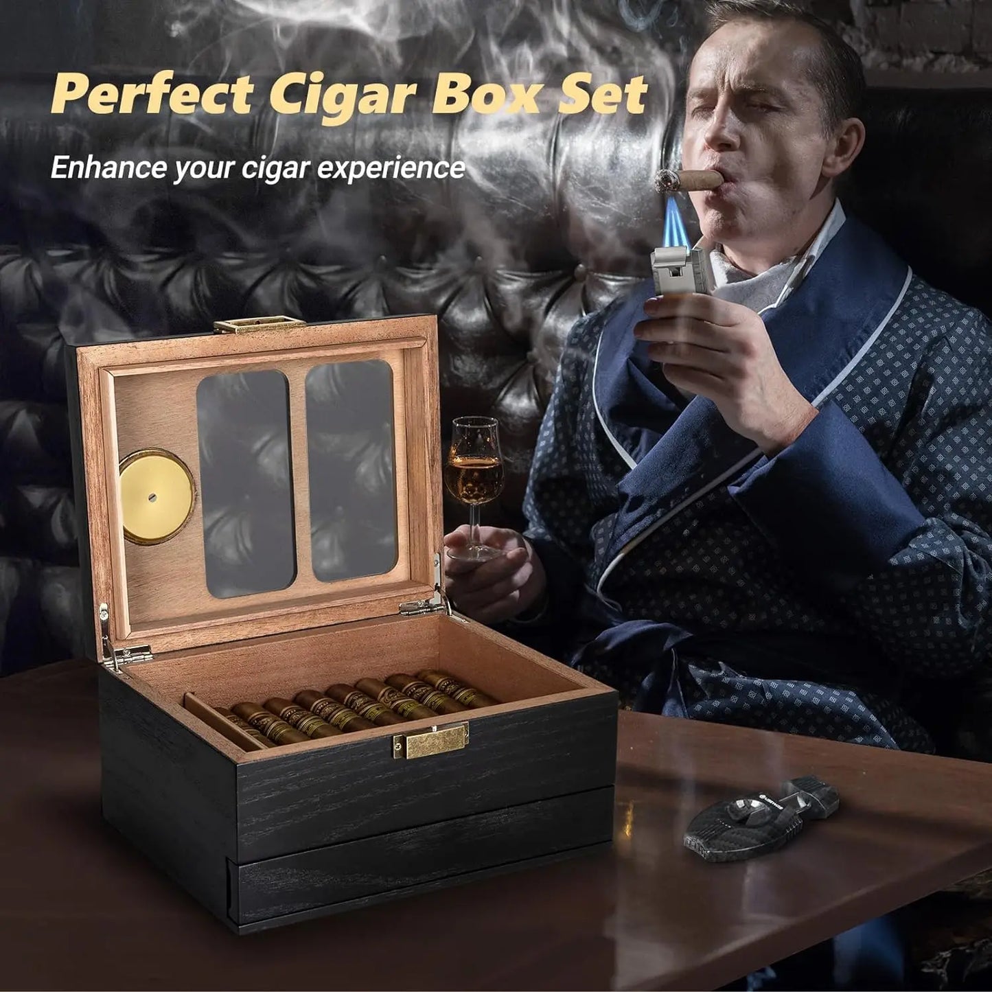 UseWire Cedar Wood Cigar Humidor Glass Top Premium 20-35 Cigars