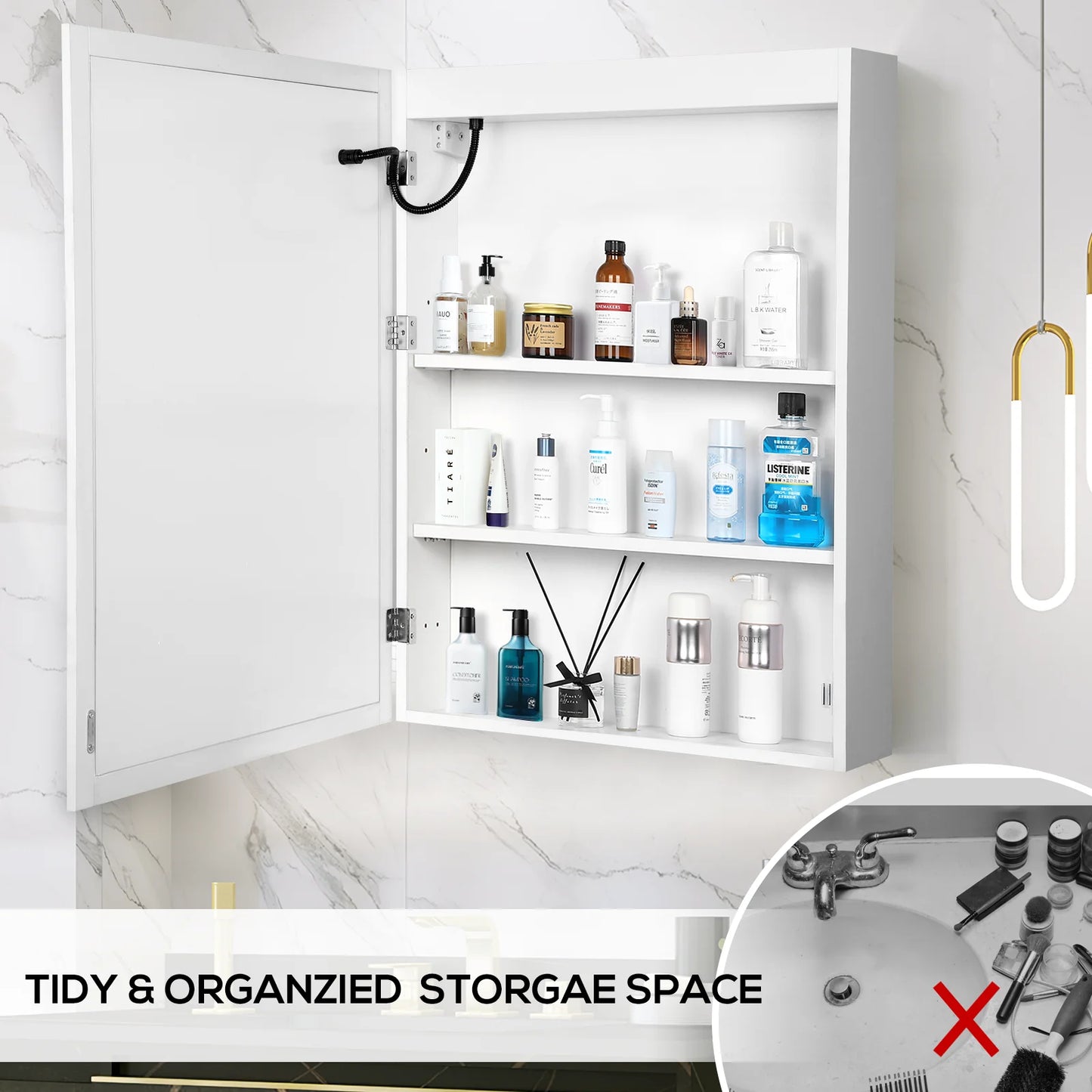 VOWNER Bathroom Medicine Cabinet With LED Mirror And Defogger