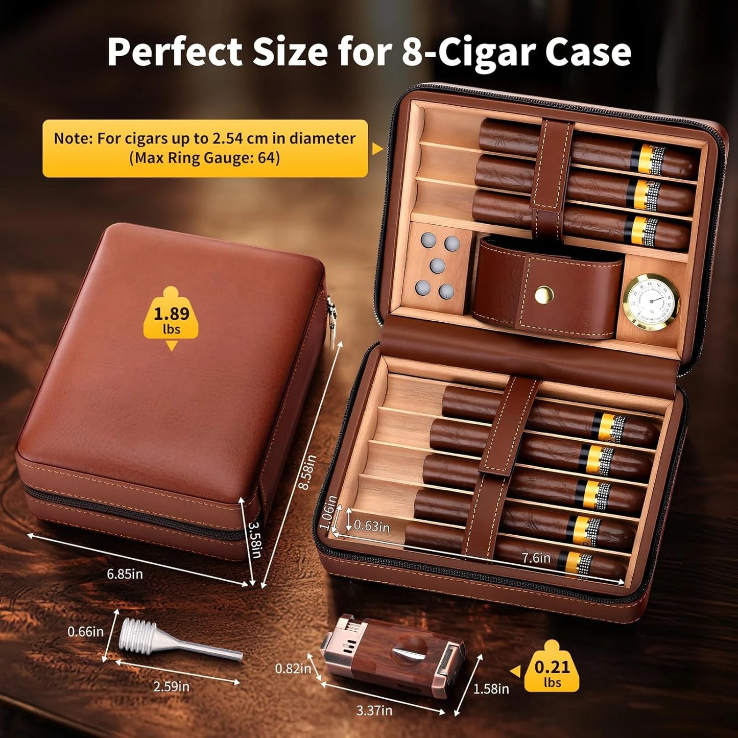 Portable 8 Cigar Travel Humidor Case With Humidity Control