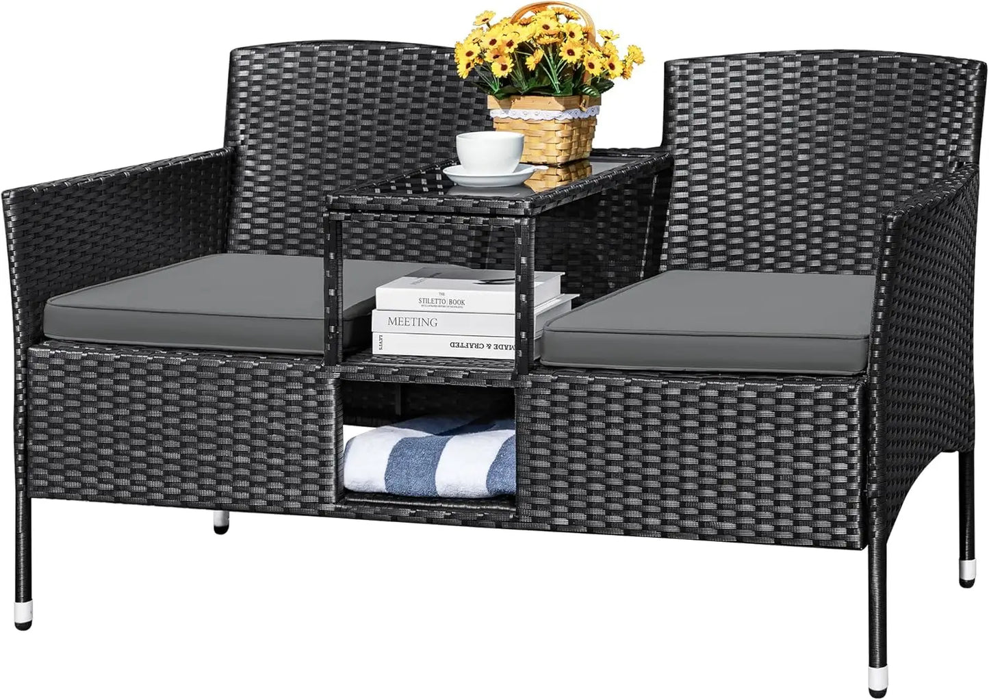 Modern Rattan 2 Seat Patio Conversation Set With Cushions