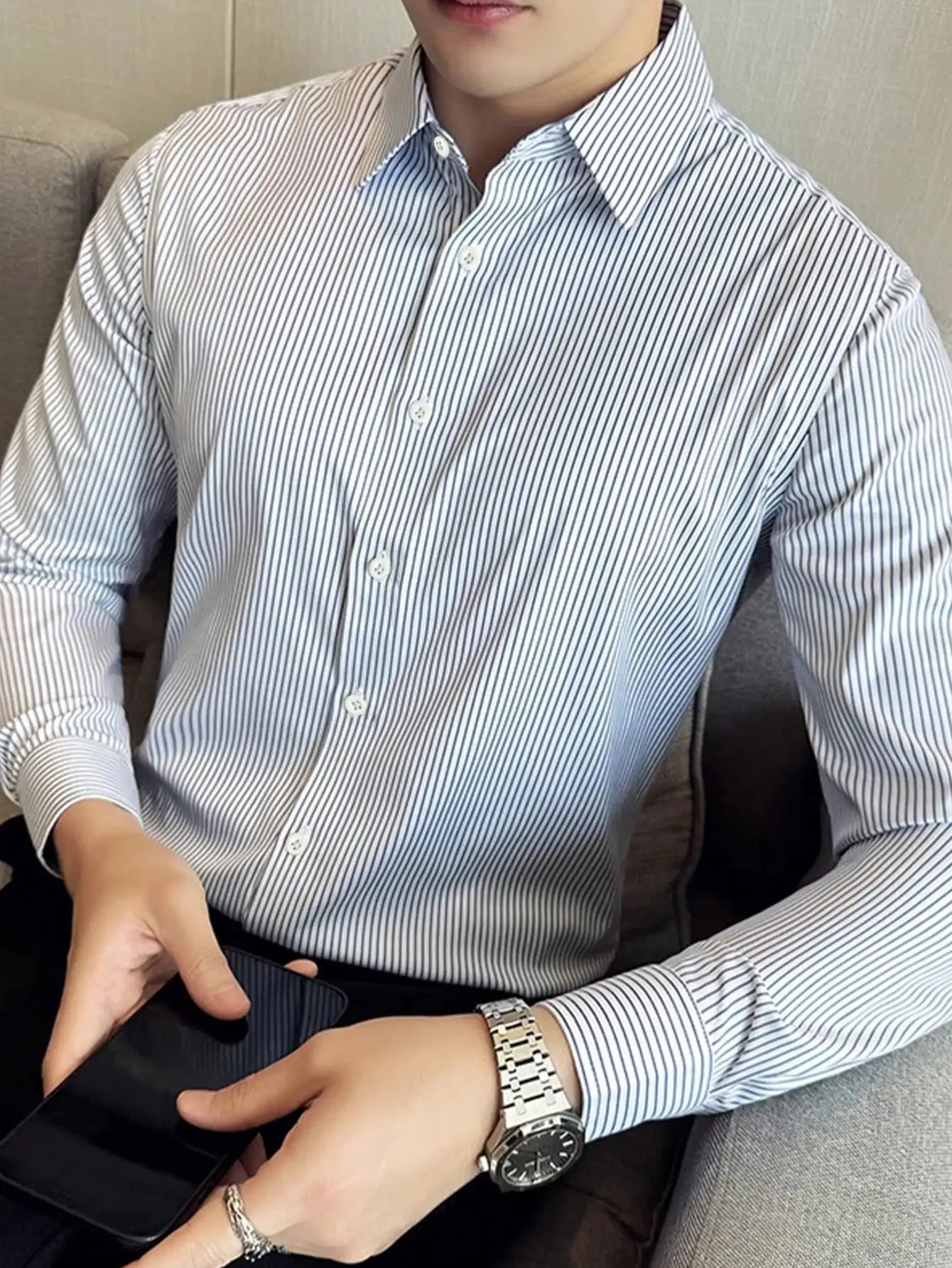 Men's Slim Fit Stripe Long Sleeve Business Casual Shirt