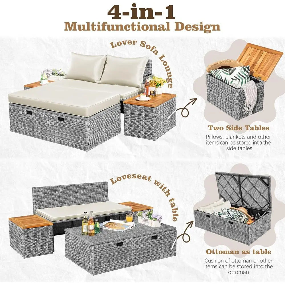 Rattan Daybed With Side Tables And Storage Ottoman