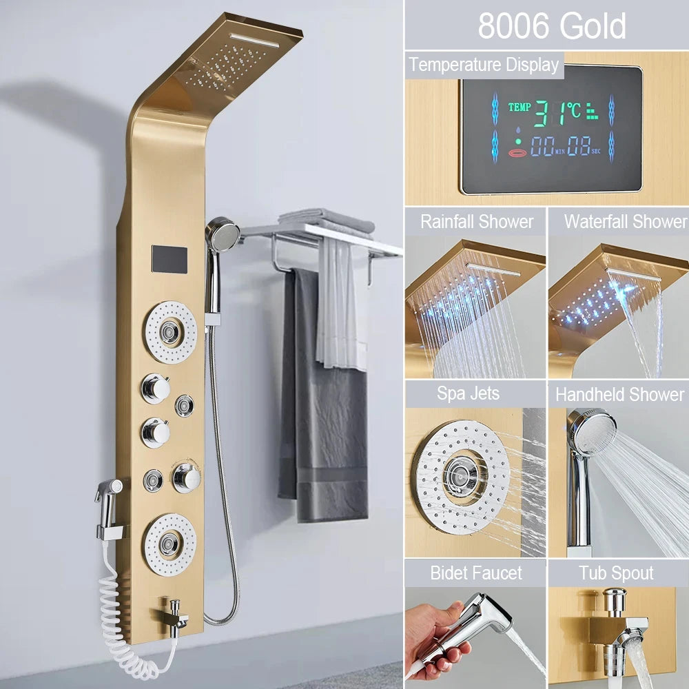 Gold Tone LED Shower Tower System for Bathroom