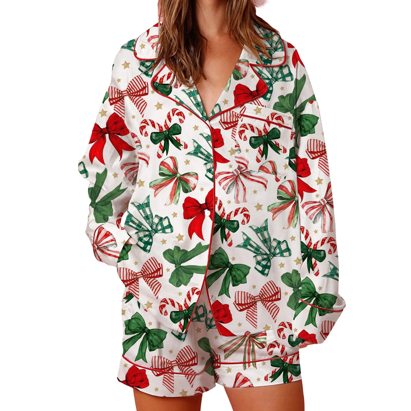 Festive Pajama Set With Long Sleeve Lapel Shirt And Shorts