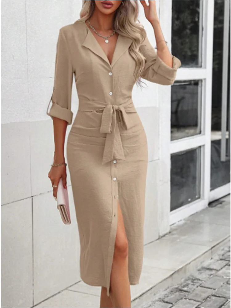 Women's Button V Neck Shirt Dress