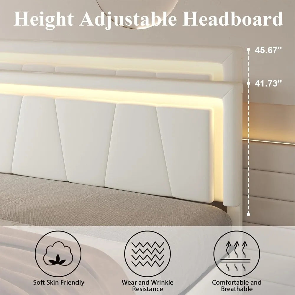 Full Size Metal Bed Frame with 4 Storage Drawers Adjustable Headboard Built-in Charging
