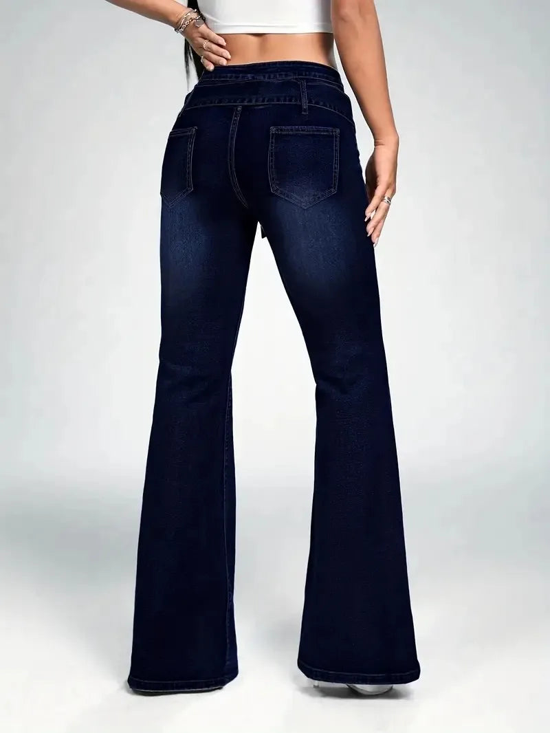 Casual Wash Stretch Slim Flare Jeans For Women Denim