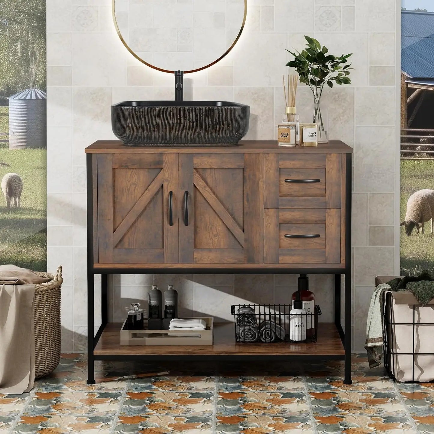 Rustic Farmhouse Vanity With Vessel Sink Cabinet Set