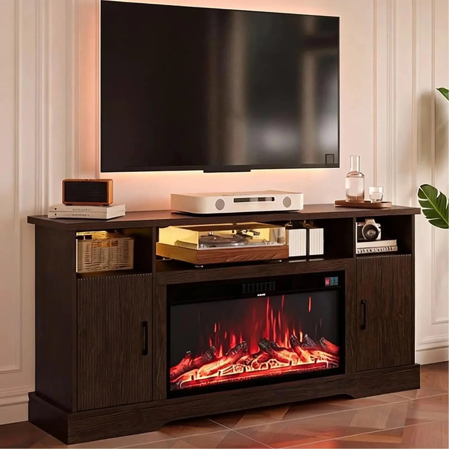 Farmhouse Style Electric Fireplace TV Stand Console Unit