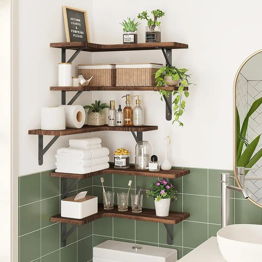 XMSJ Rustic Wood Wall Mounted Corner Floating Shelves Set