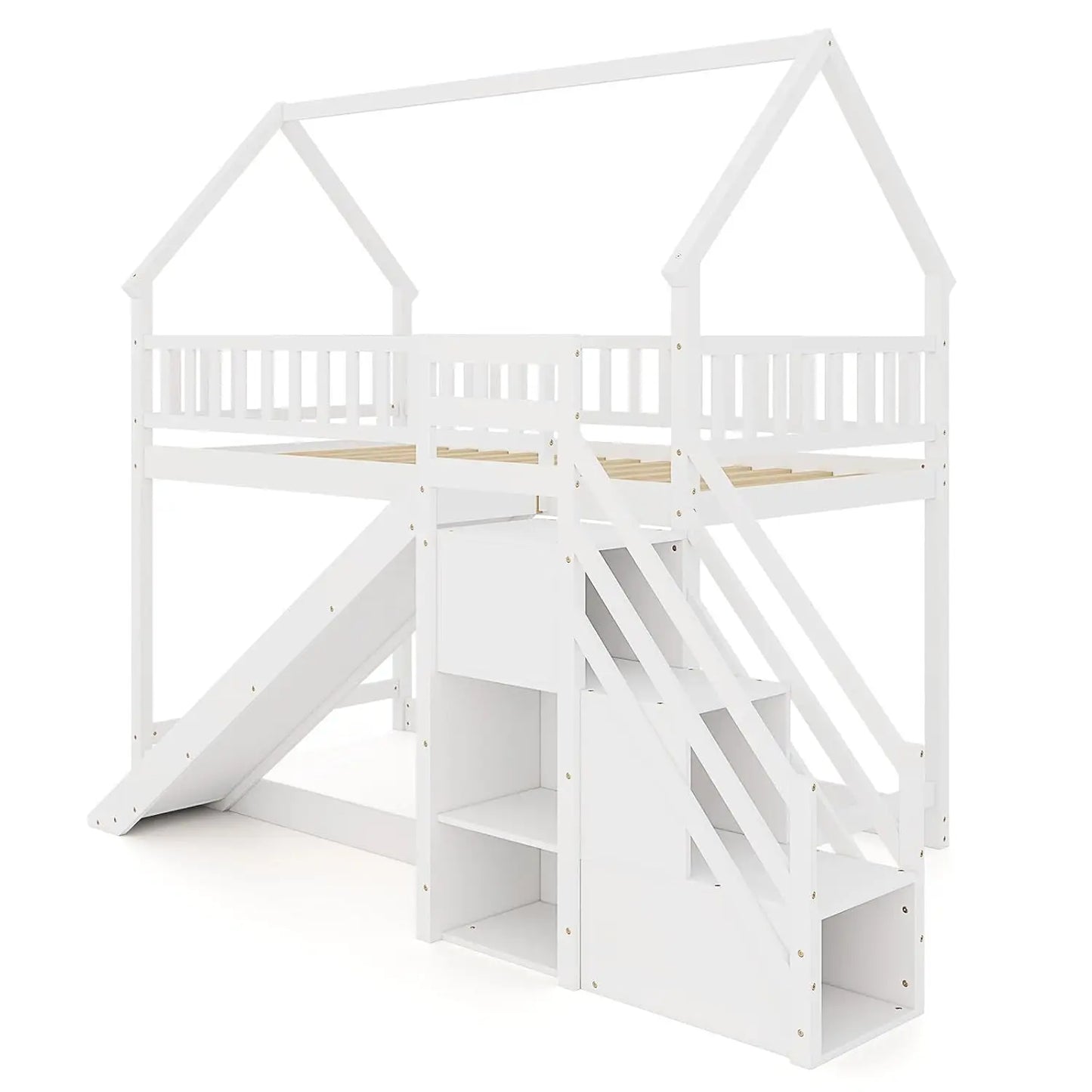 Wood Twin Over Twin House Bunk Bed with Slide & Staircase