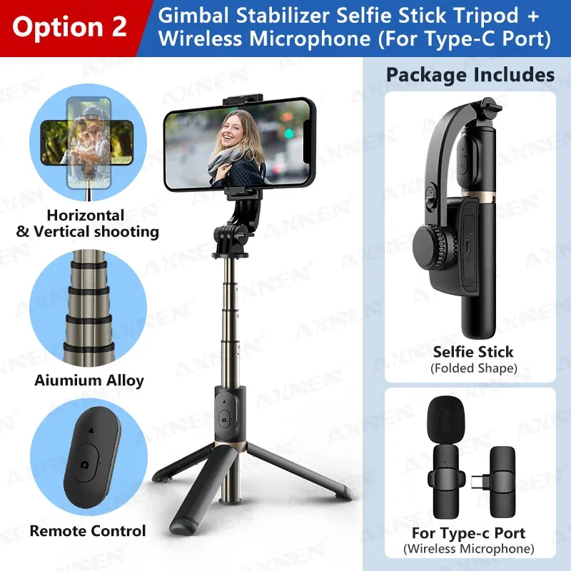 Axnen Handheld Phone Holder Gimbal Stabilizer Selfie Stick Foldable Tripod