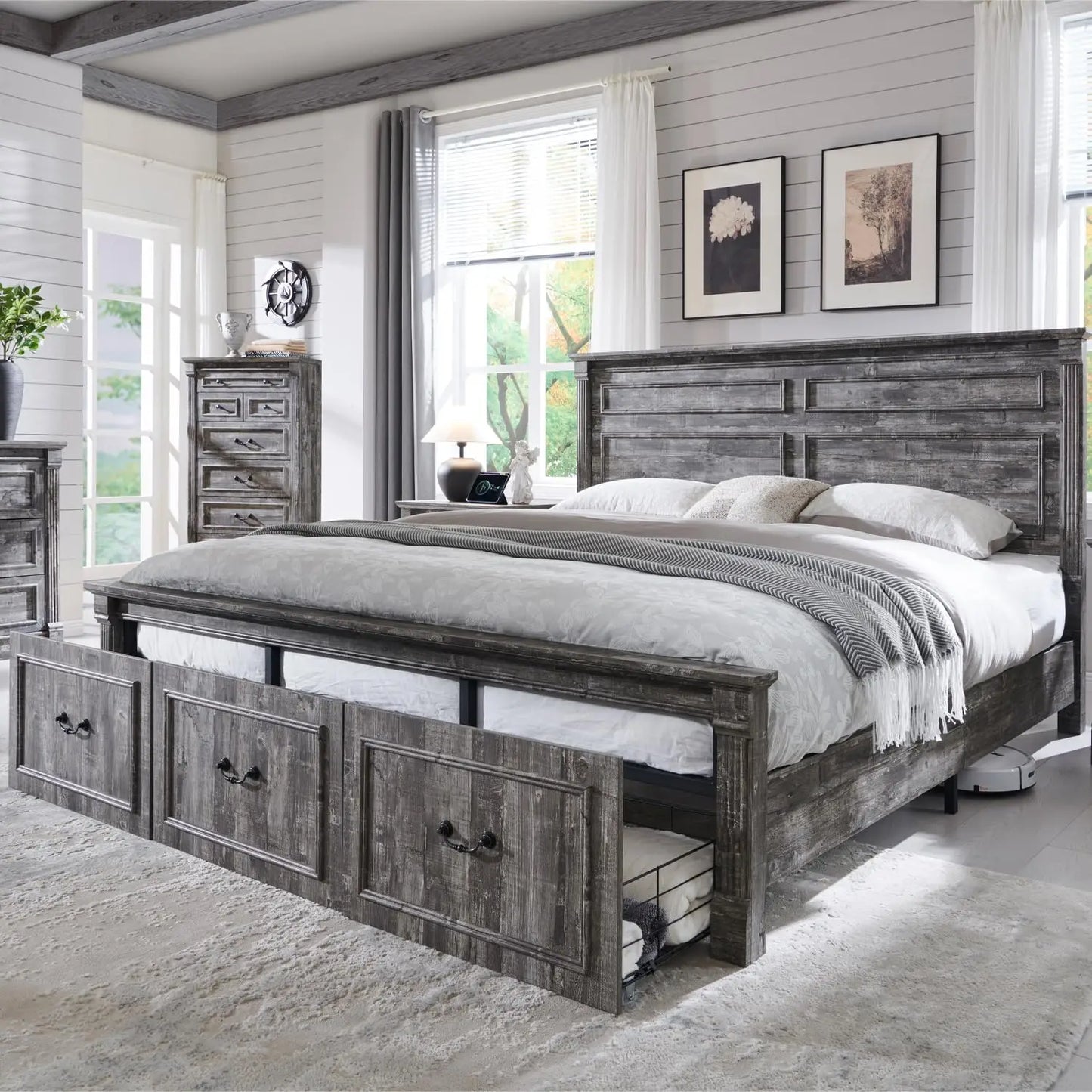 Farmhouse Platform Bed Frame With Storage Drawers