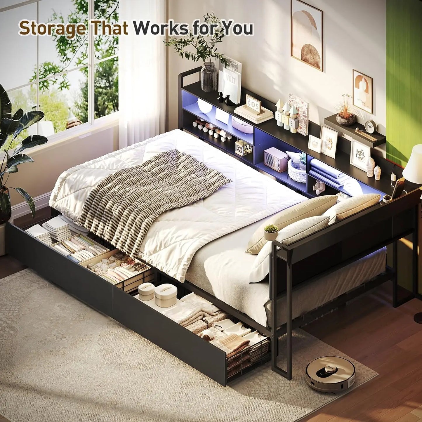 Corner Bed Frame With Bookcase Storage PU Upholstered Twin Daybed With 2 Drawers
