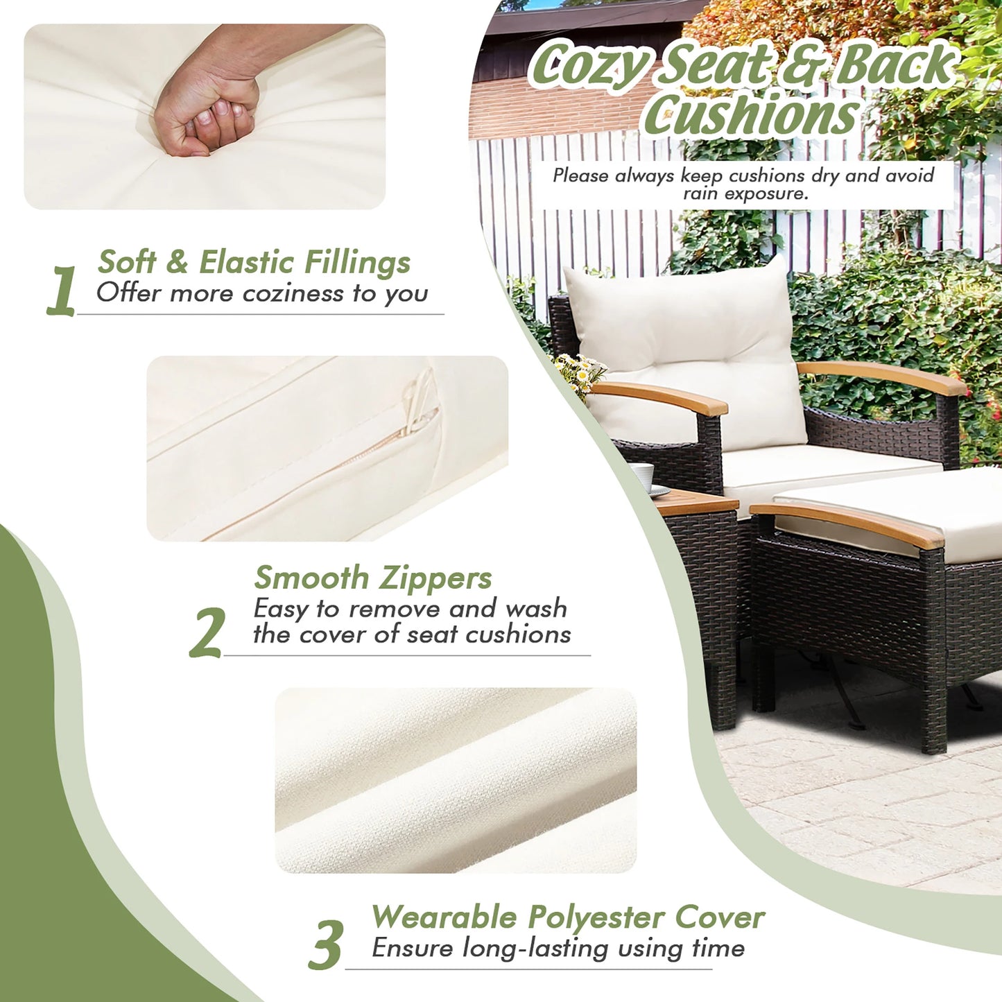 5-Piece Outdoor Patio Rattan Conversation Set with Cushions & Acacia Wood