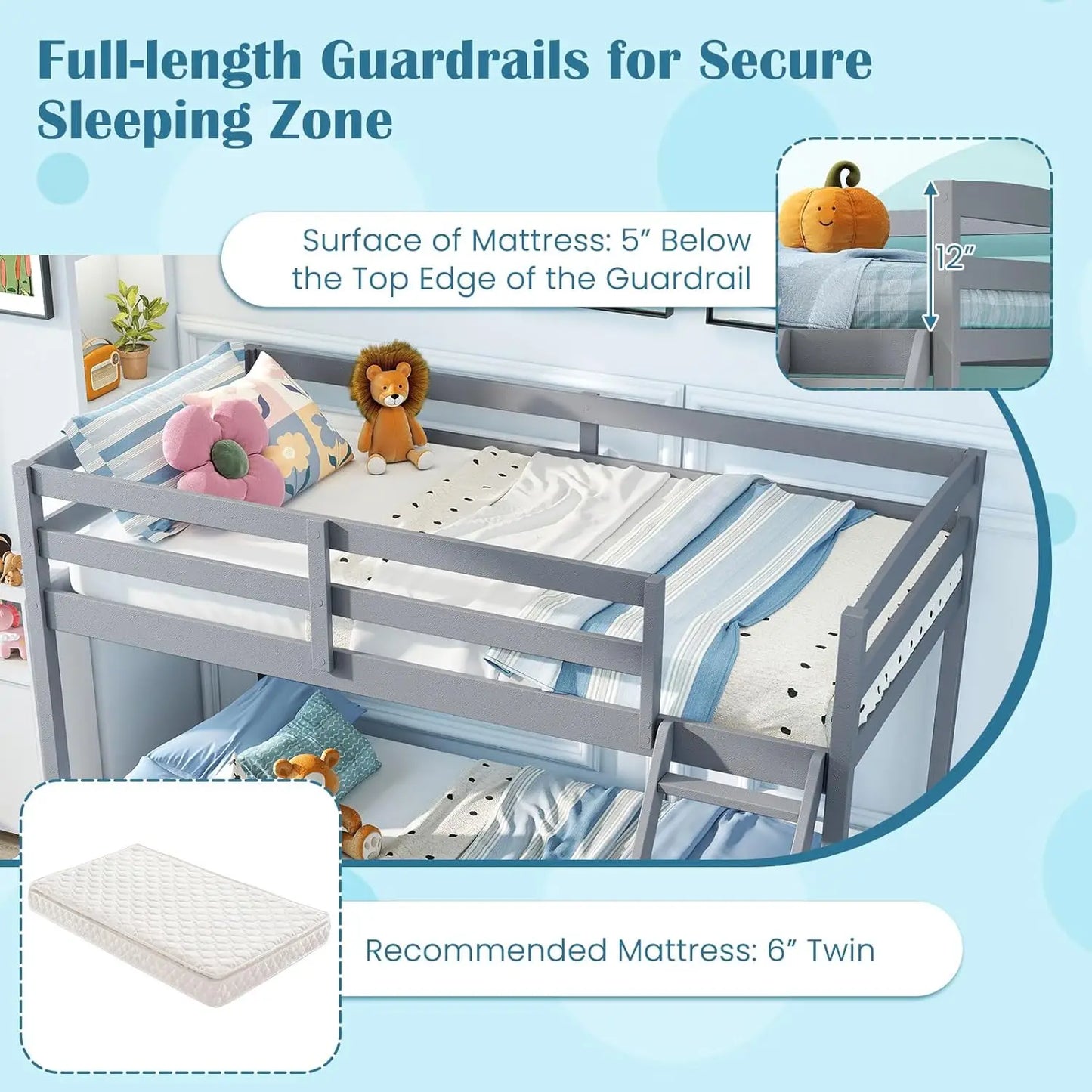 Twin Over Full Bunk Bed, Solid Wood Kids Bunk Bed with Full-Length Guardrails & Ladder