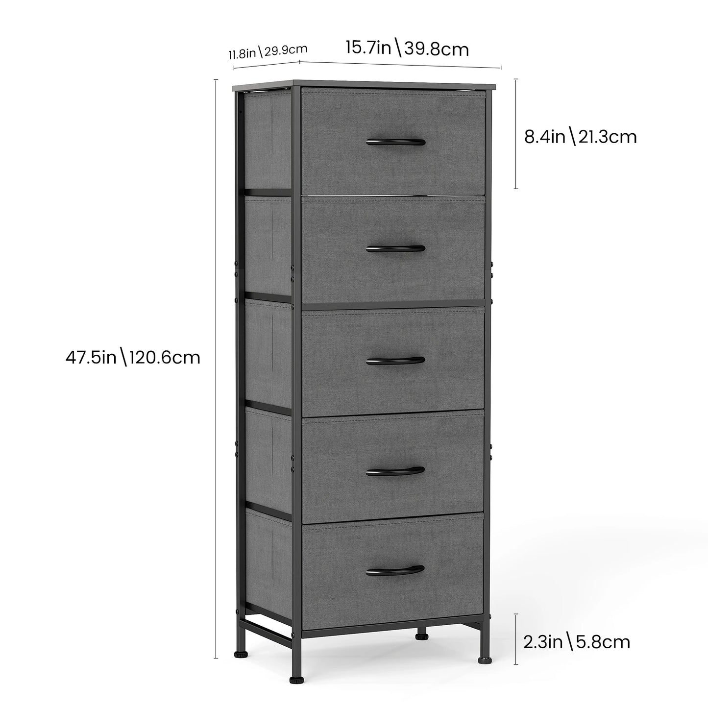 Bedroom Dresser With Five Fabric Drawers And Steel Frame