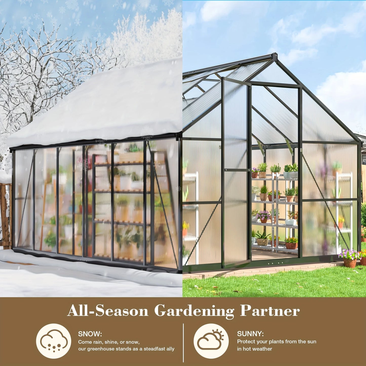 VIWAT Polycarbonate Greenhouse With Aluminum Frame Vented Roof