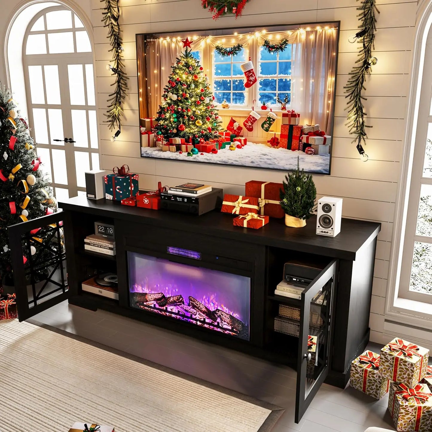 Farmhouse TV Stand Console With Remote LED Lighting