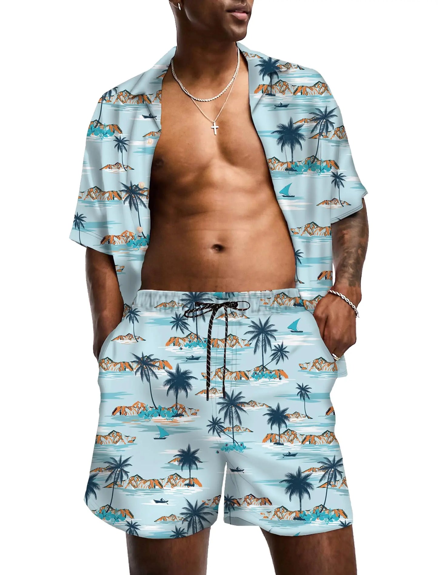 KYKUCN Men Summer Short Sleeve Button Down Beach Shirt Set