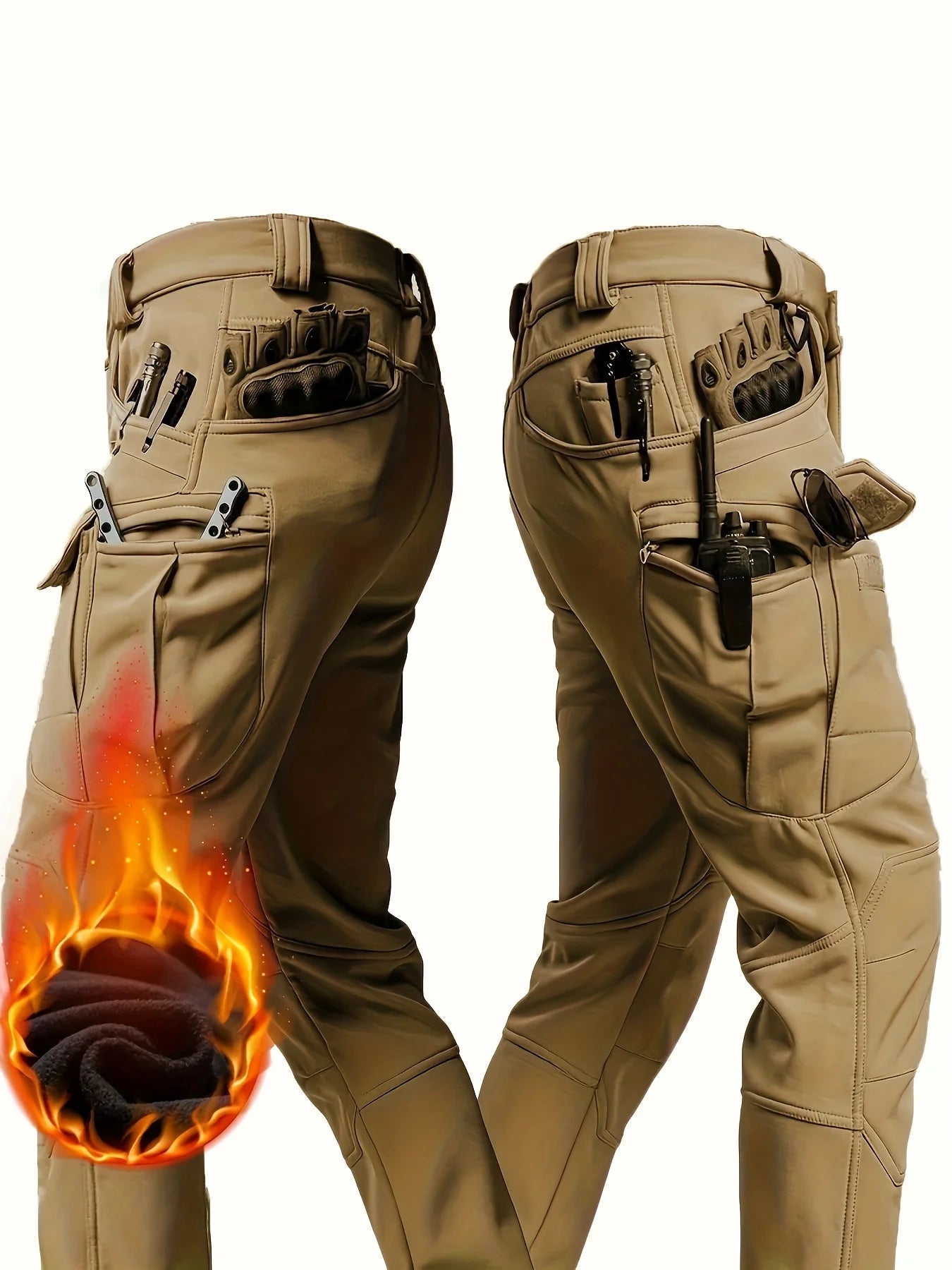 Mens Tactical Fleece-Lined Work Pants Heavyweight Slim Fit Safari Style
