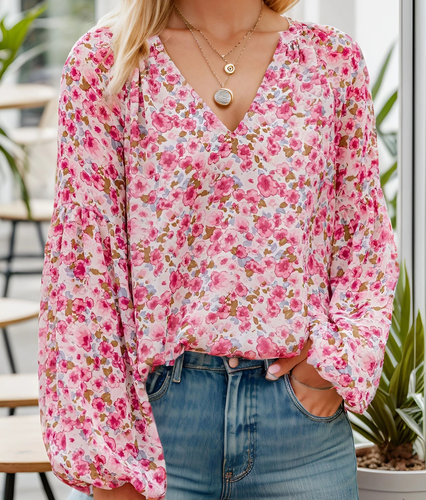 Floral Chiffon Long Sleeve Loose V-Neck Blouse