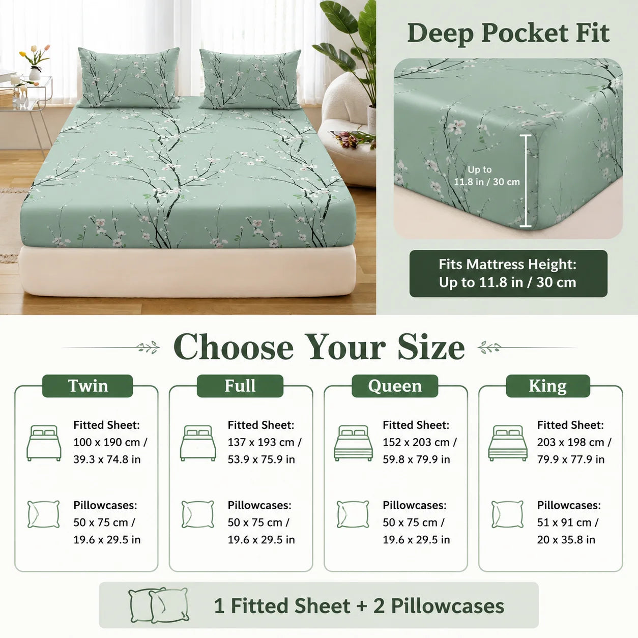 Floral Fitted Sheet Set 3 Piece Deep Pocket Polyester