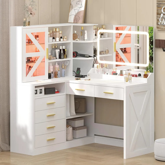 L-Shaped Corner Vanity Desk With LED Mirror And Charging Station