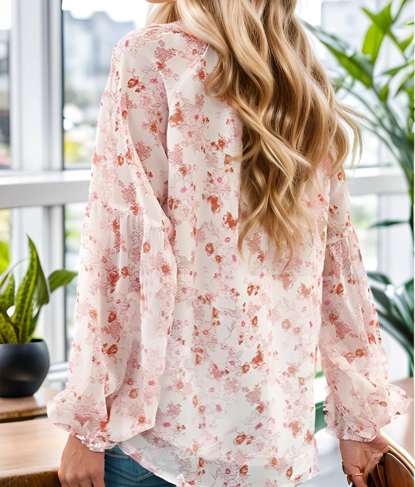 Floral Chiffon Long Sleeve Loose V-Neck Blouse