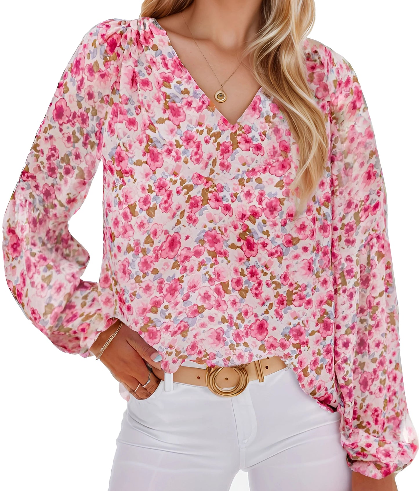 Floral Chiffon Long Sleeve Loose V-Neck Blouse