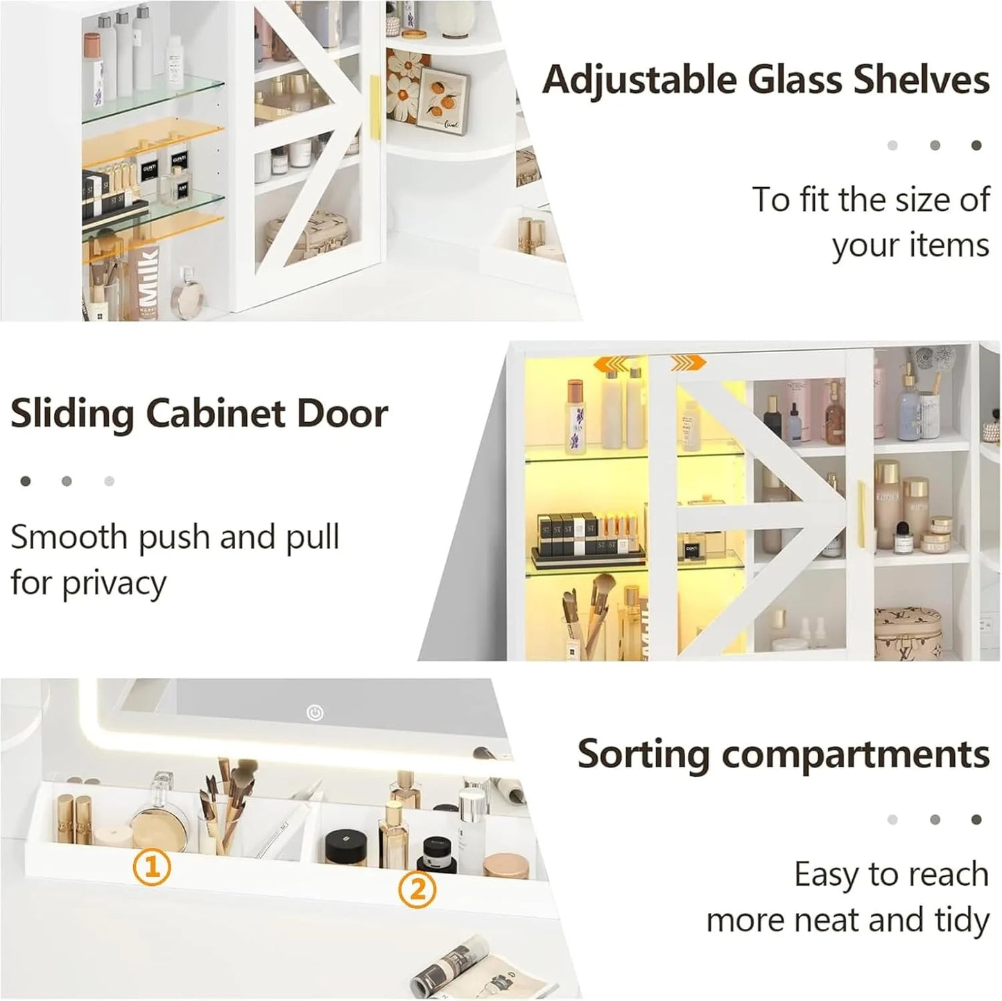 L-Shaped Corner Vanity Desk With LED Mirror And Charging Station