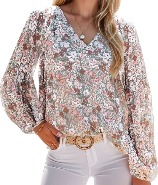 Floral Chiffon Long Sleeve Loose V-Neck Blouse
