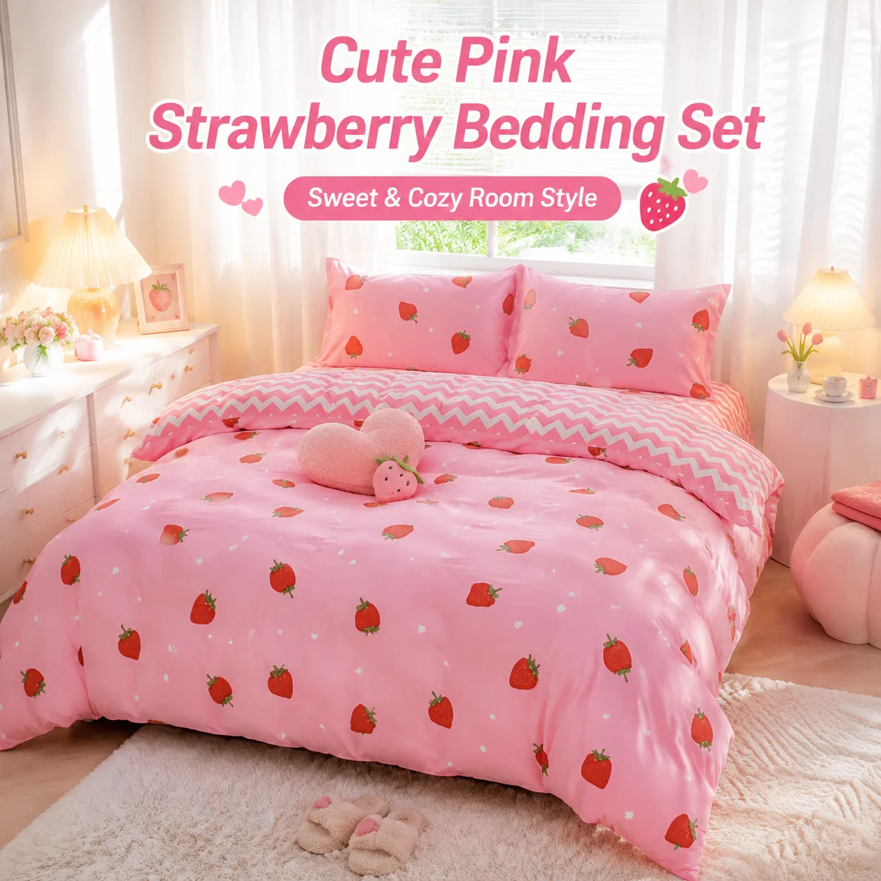 Strawberry Pattern Duvet Cover Set With Pillowcases 100 Percent Polyester