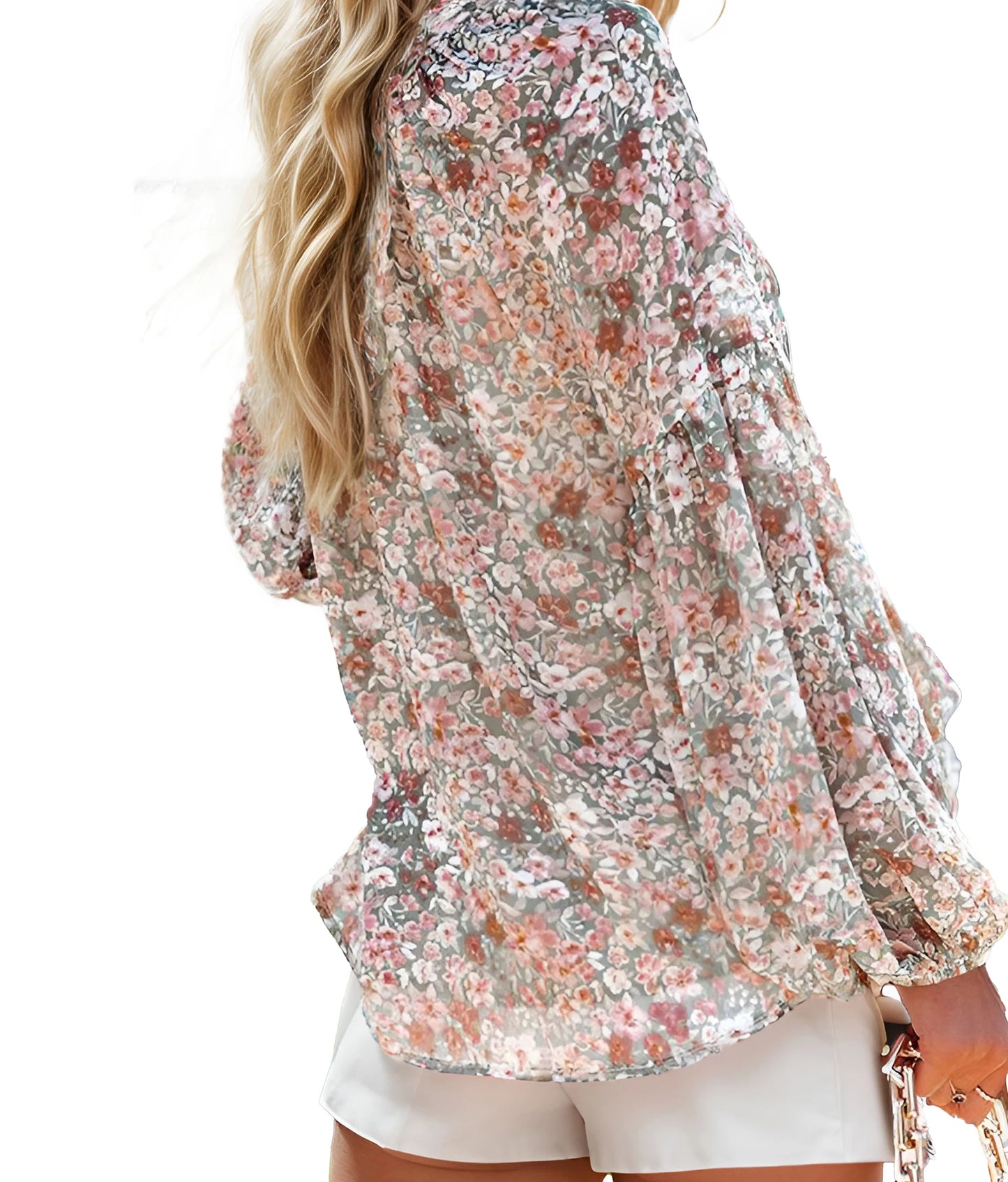 Floral Chiffon Long Sleeve Loose V-Neck Blouse