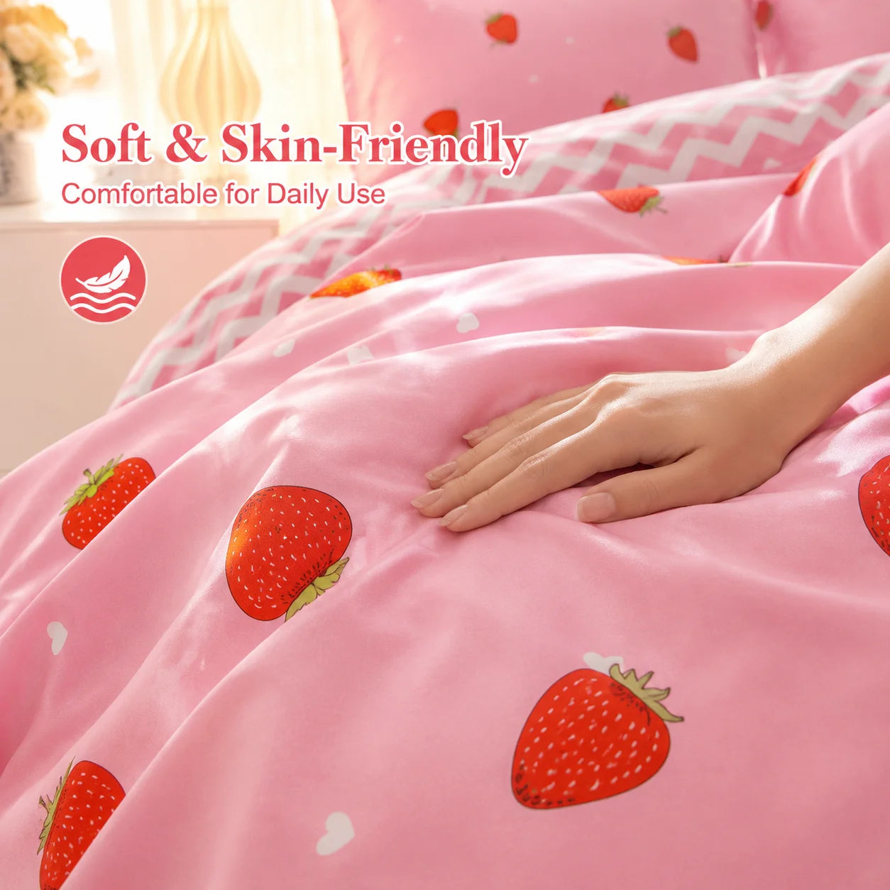 Strawberry Pattern Duvet Cover Set With Pillowcases 100 Percent Polyester