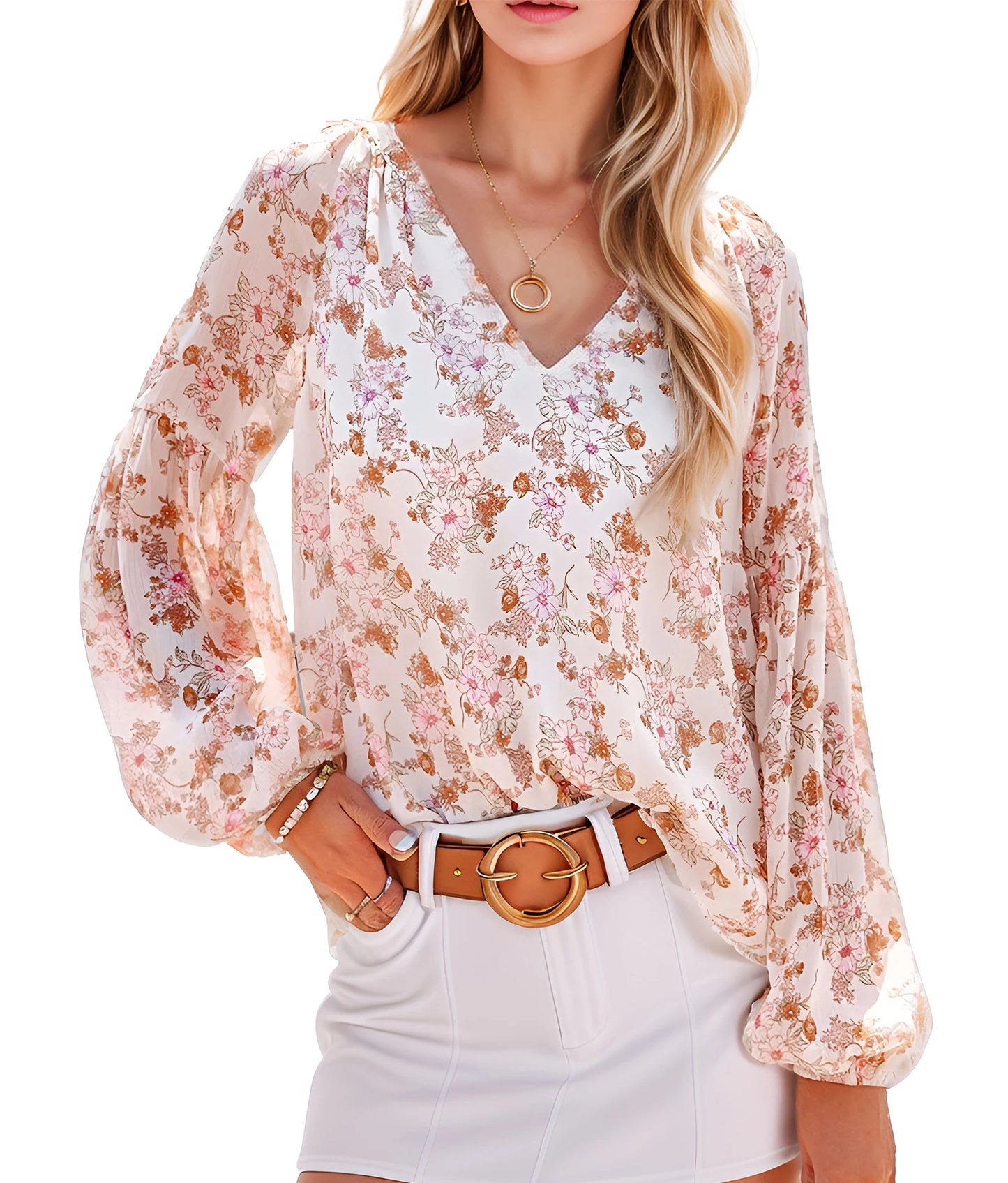 Floral Chiffon Long Sleeve Loose V-Neck Blouse