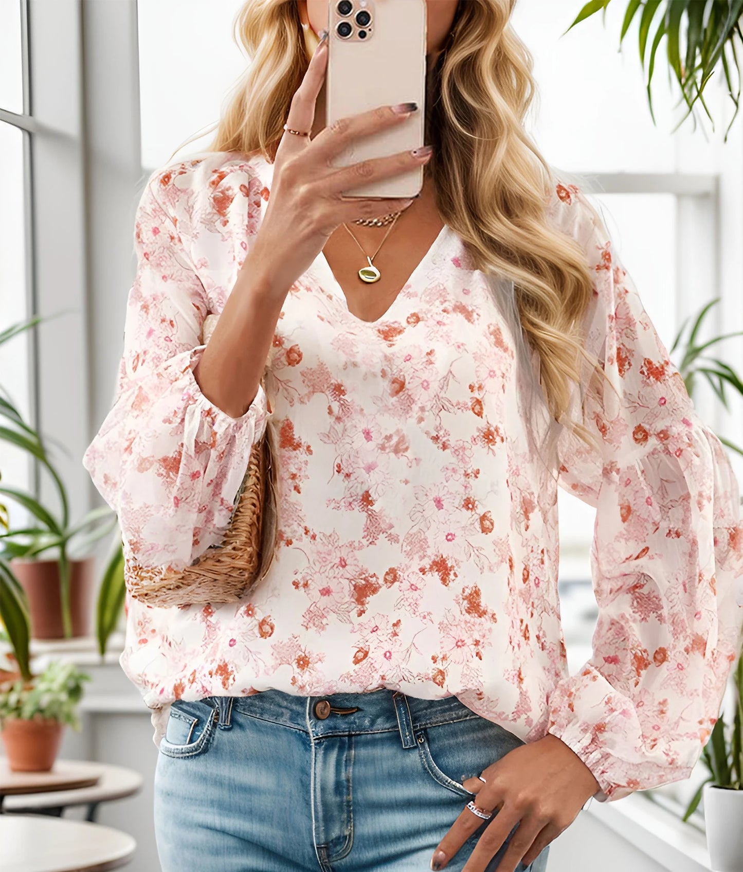 Floral Chiffon Long Sleeve Loose V-Neck Blouse