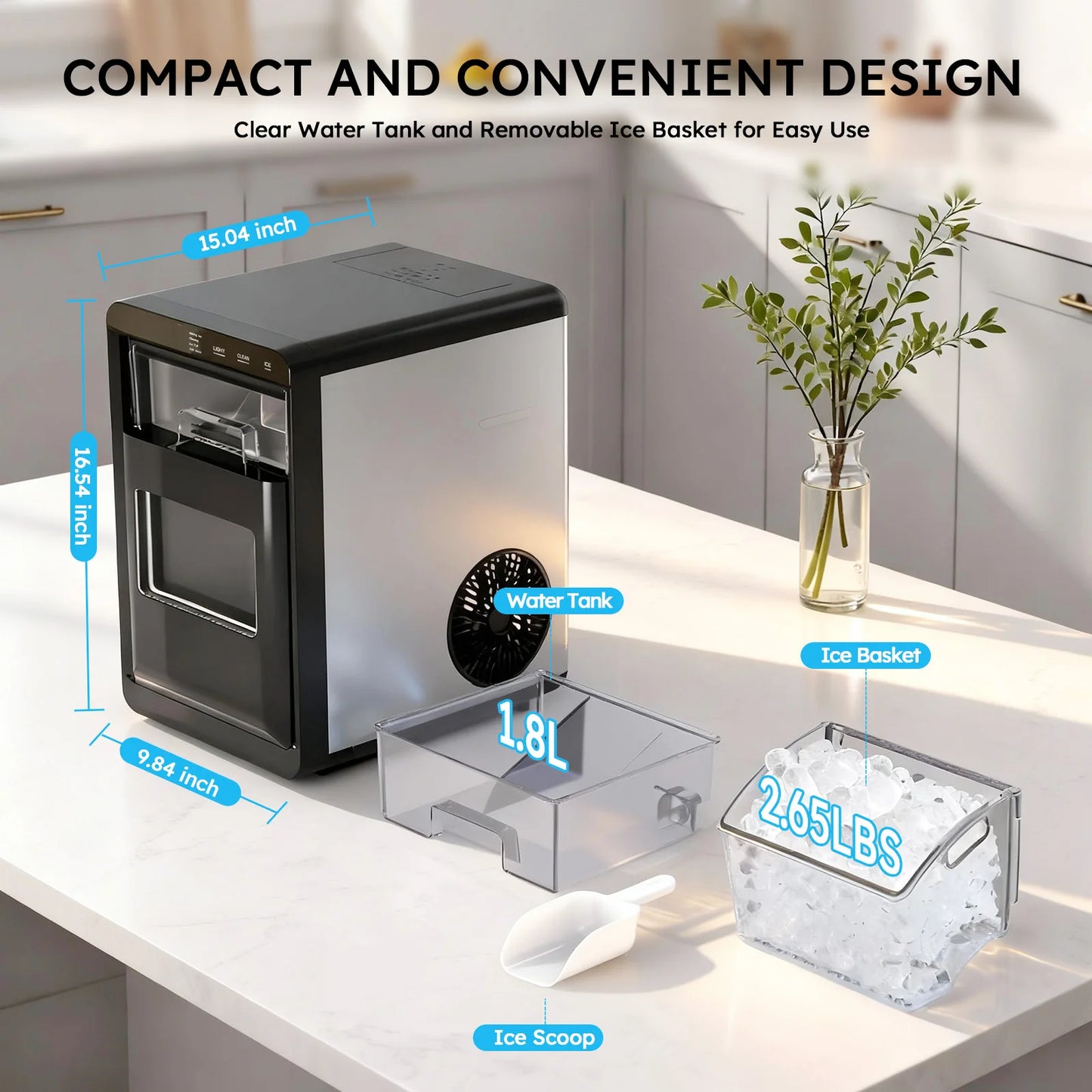 SHICUO Countertop Nugget Ice Maker 44 Lbs Per Day Stainless Steel