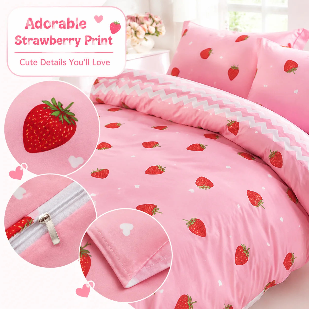 Strawberry Pattern Duvet Cover Set With Pillowcases 100 Percent Polyester