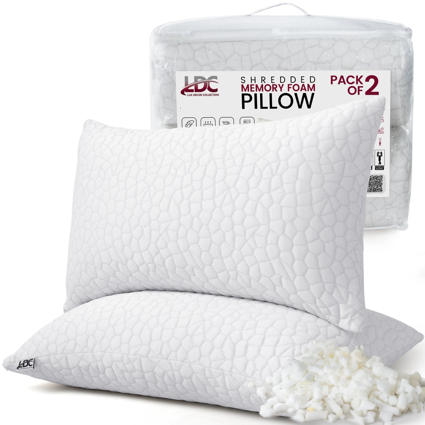 Shredded Memory Foam Pillows 2 Pack With Washable Covers