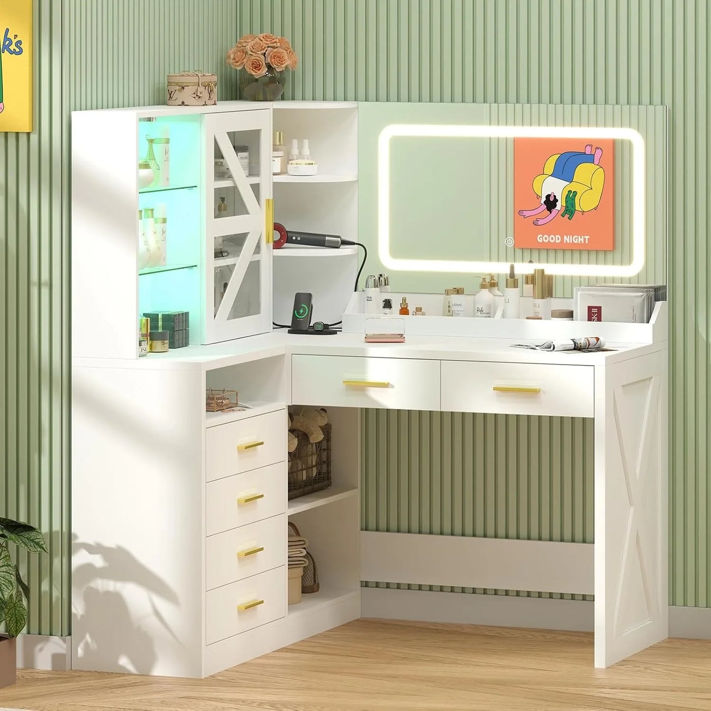 L-Shaped Corner Vanity Desk With LED Mirror And Charging Station