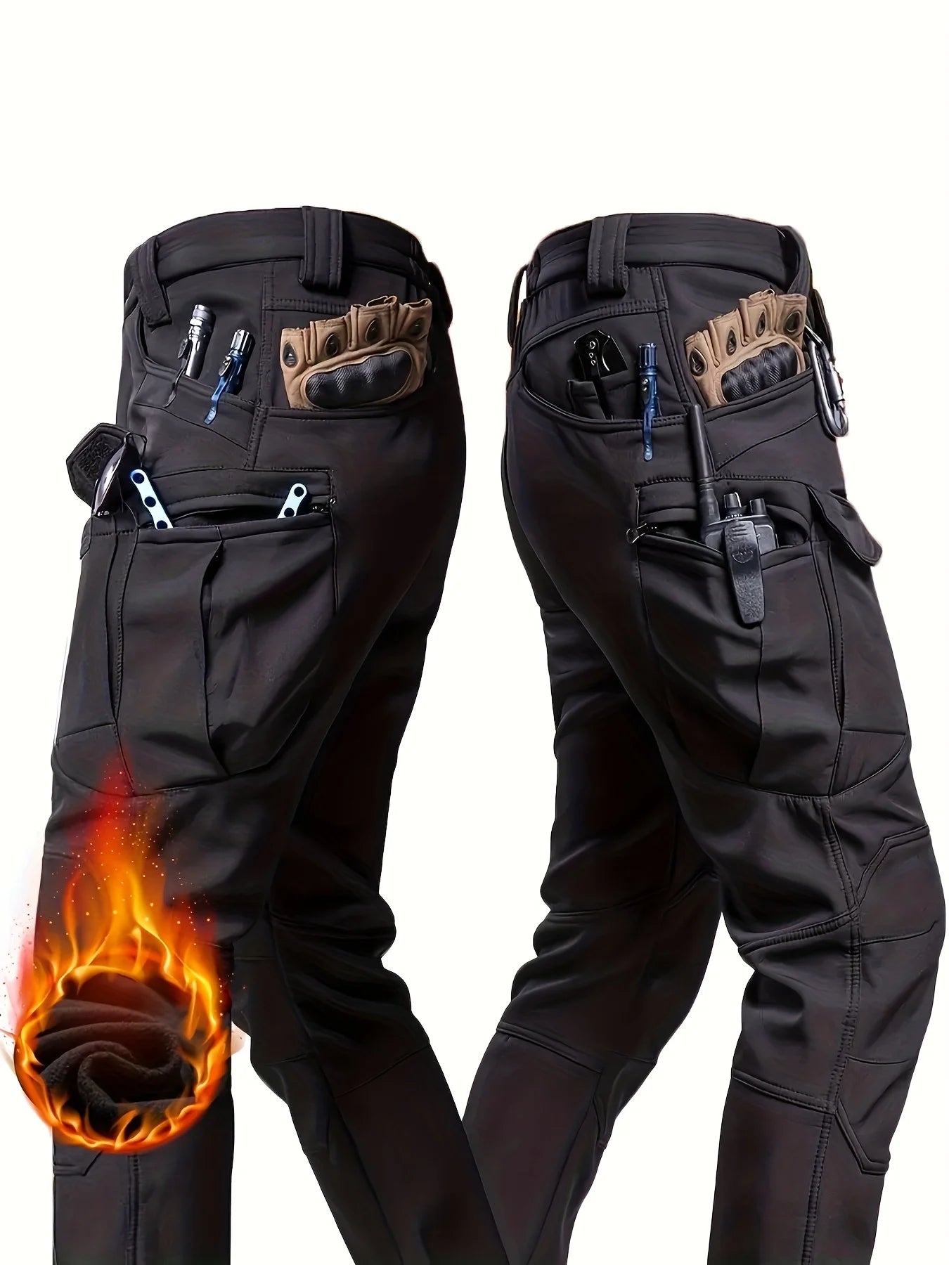 Mens Tactical Fleece-Lined Work Pants Heavyweight Slim Fit Safari Style