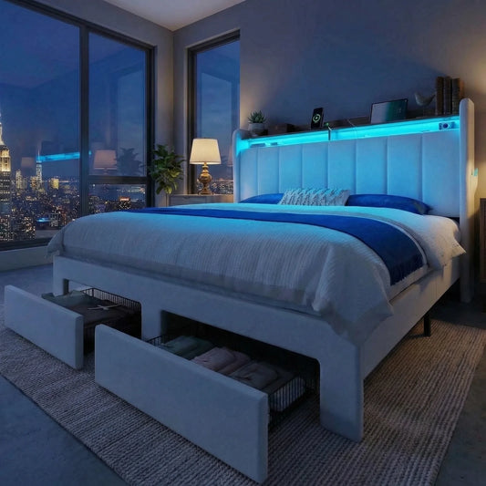 HOOMIC Bed Frame With 2 Storage Drawers, LED Lights