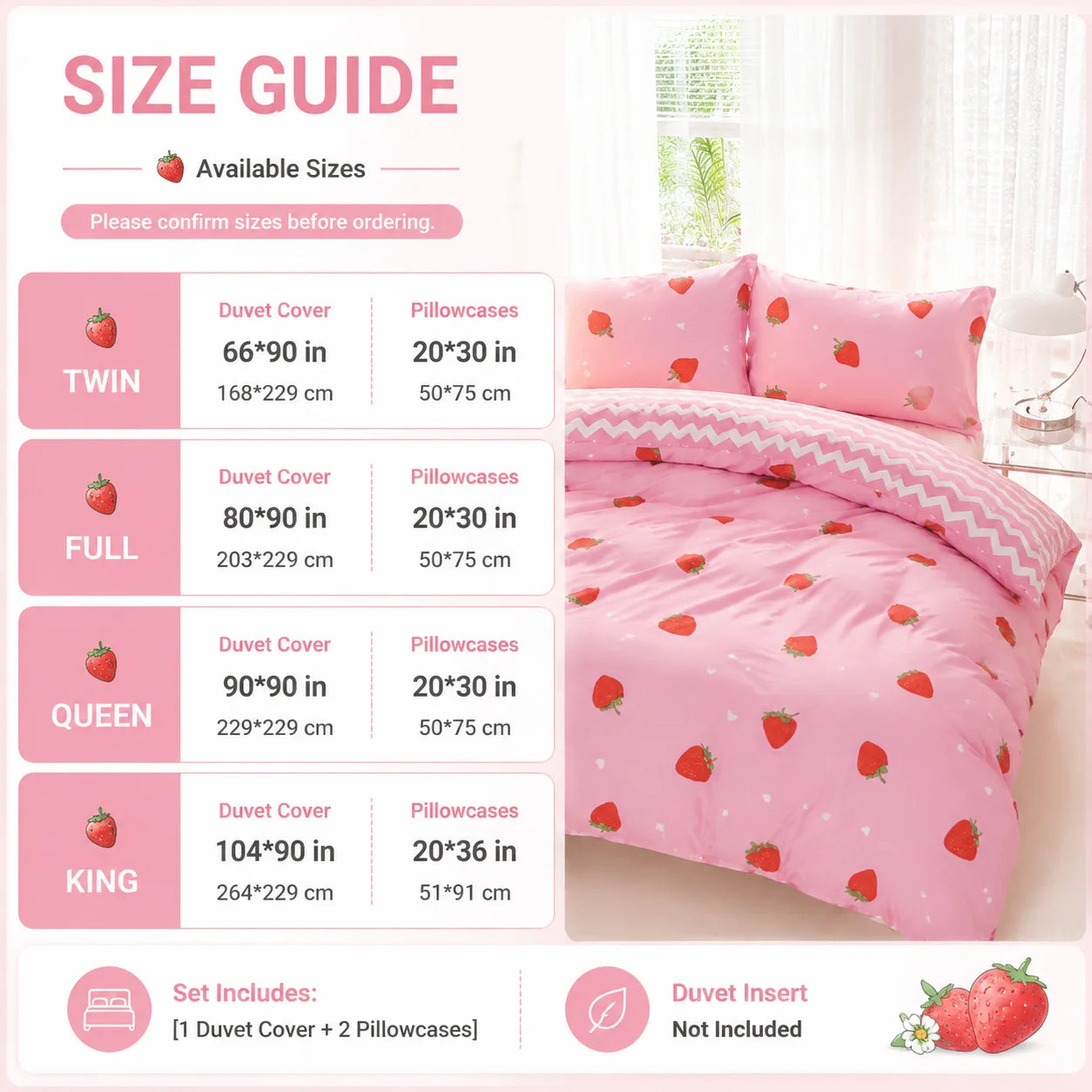 Strawberry Pattern Duvet Cover Set With Pillowcases 100 Percent Polyester