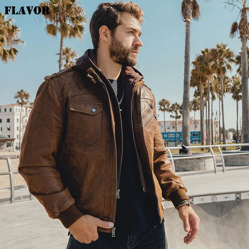 Leather Motorcycle Jacket with Removable Hood